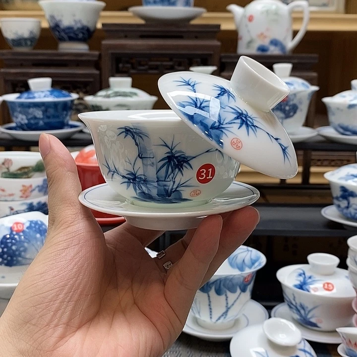 手绘竹子悬停盖碗釉下彩高温瓷微瑕福利款