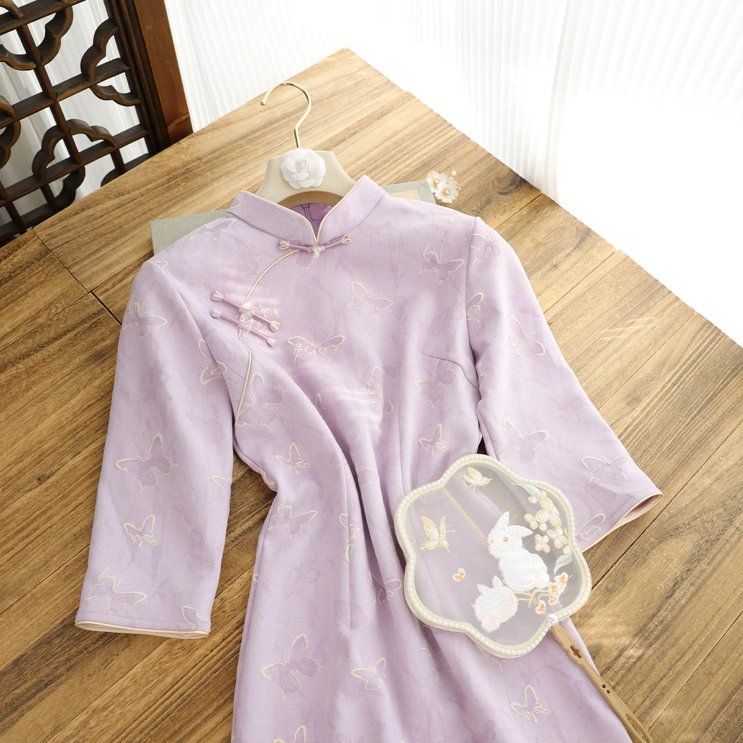 俏娘鱼紫色新中式改良长袖旗袍女2025秋新款气质素雅麂皮绒年轻款