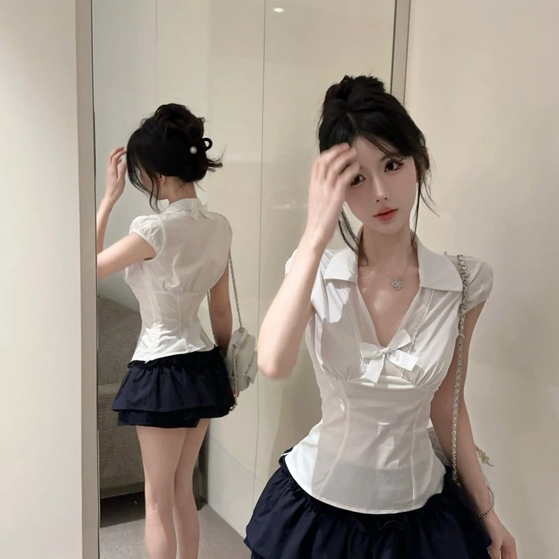 蝴蝶结白色泡泡袖衬衫女早夏纯欲辣妹v领鱼骨抹胸上衣设计感小众