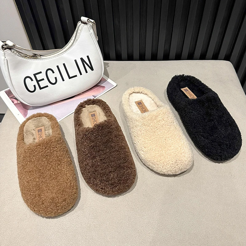 包头半拖鞋时尚外穿2024秋冬松糕厚底百搭一脚蹬懒人鞋毛毛棉拖女
