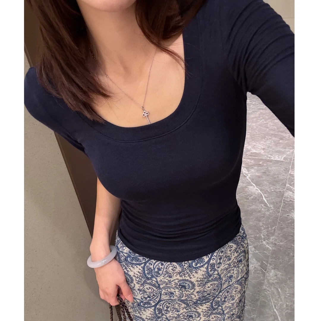 2025夏季修身型纽扣U型领纯色圆领中袖T恤显瘦夏季凉感T恤