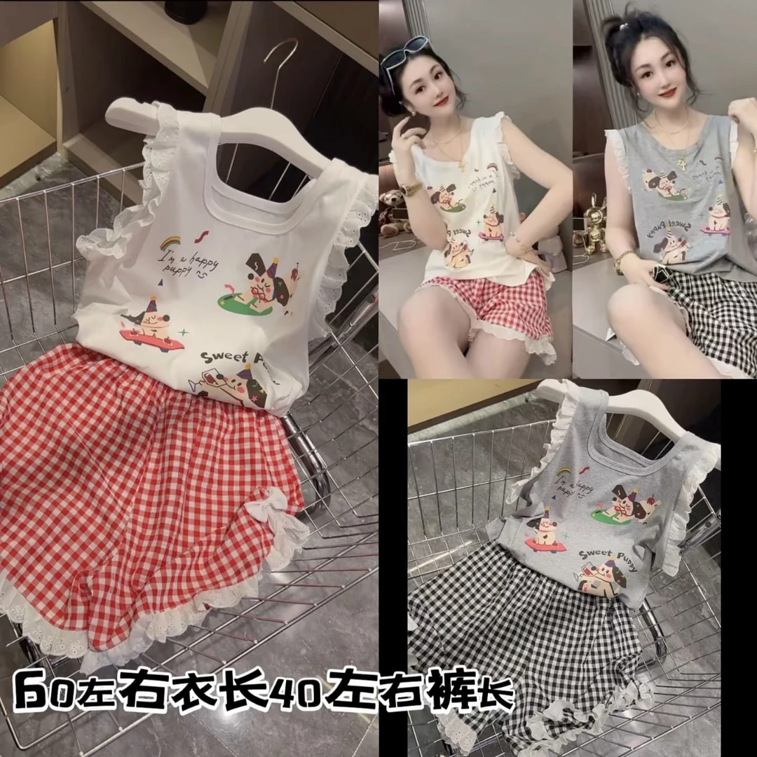 夏季甜美蕾丝边女士上衣短裤睡衣套装宽松减龄家居服