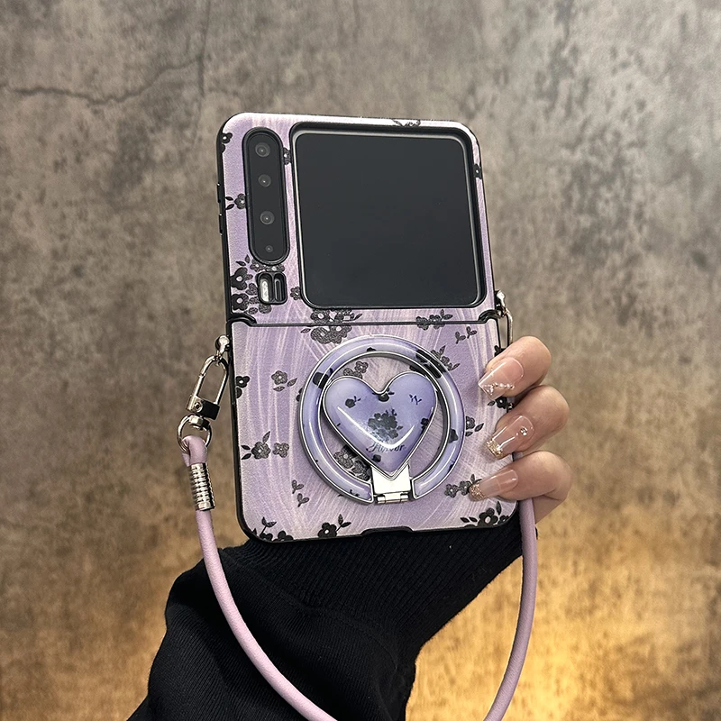 韩系紫色印花适用华为purax手机壳支架小米mixflip2斜挎绳pocket2