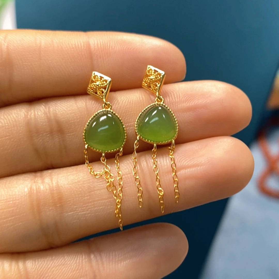 和田玉耳饰银S925镶嵌