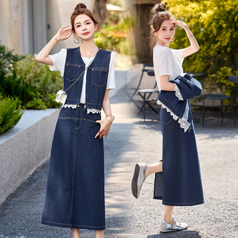 小香风蕾丝拼接马甲牛仔套装女2025夏季新款洋气减龄半身裙三件套