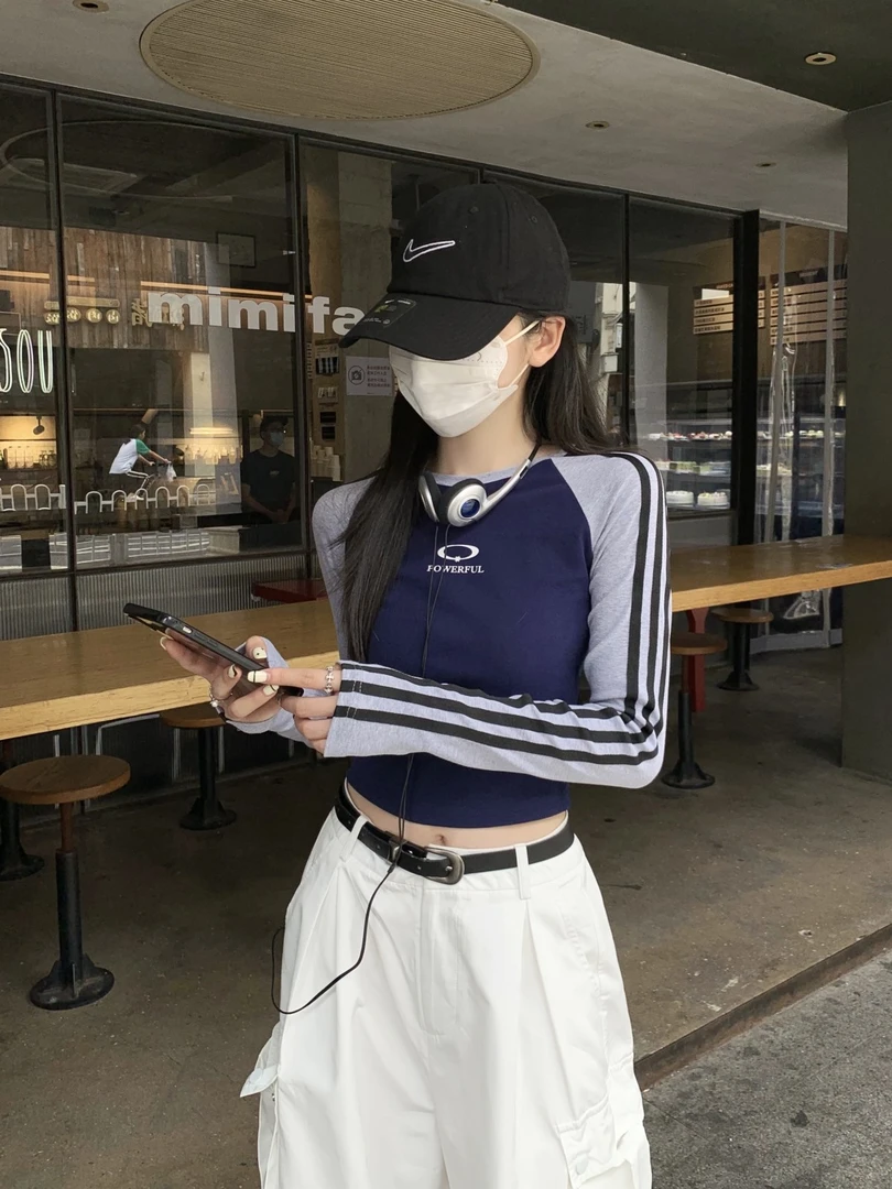 INS风显瘦短款插肩袖韩版长袖T恤修身简约通勤吸汗休闲风港风打底