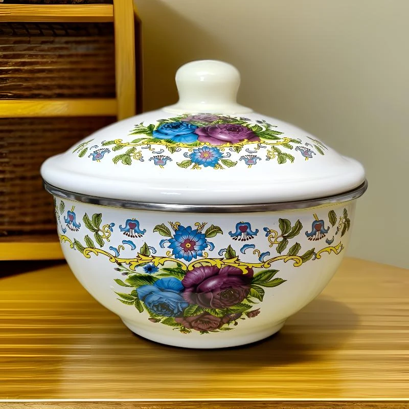 【16cm海碗】塘瓷盖碗搪瓷盆家用带盖加厚怀旧老式厨房洋瓷盆装猪油