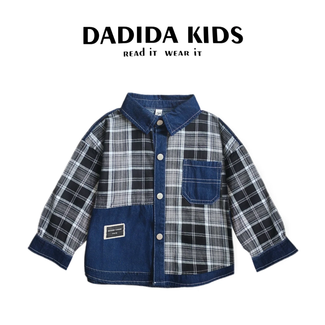 dadida/嗒嘀嗒春季男童休闲百搭长袖日系拼接格子衬衫&704100085