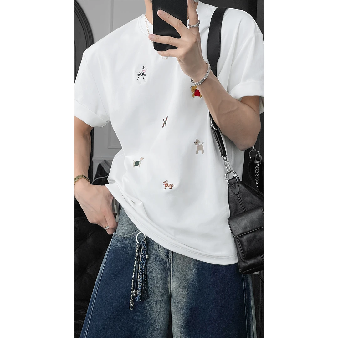 龙叨叨夏季新款潮流美式休闲卡通小狗宽松圆领百搭短袖T恤