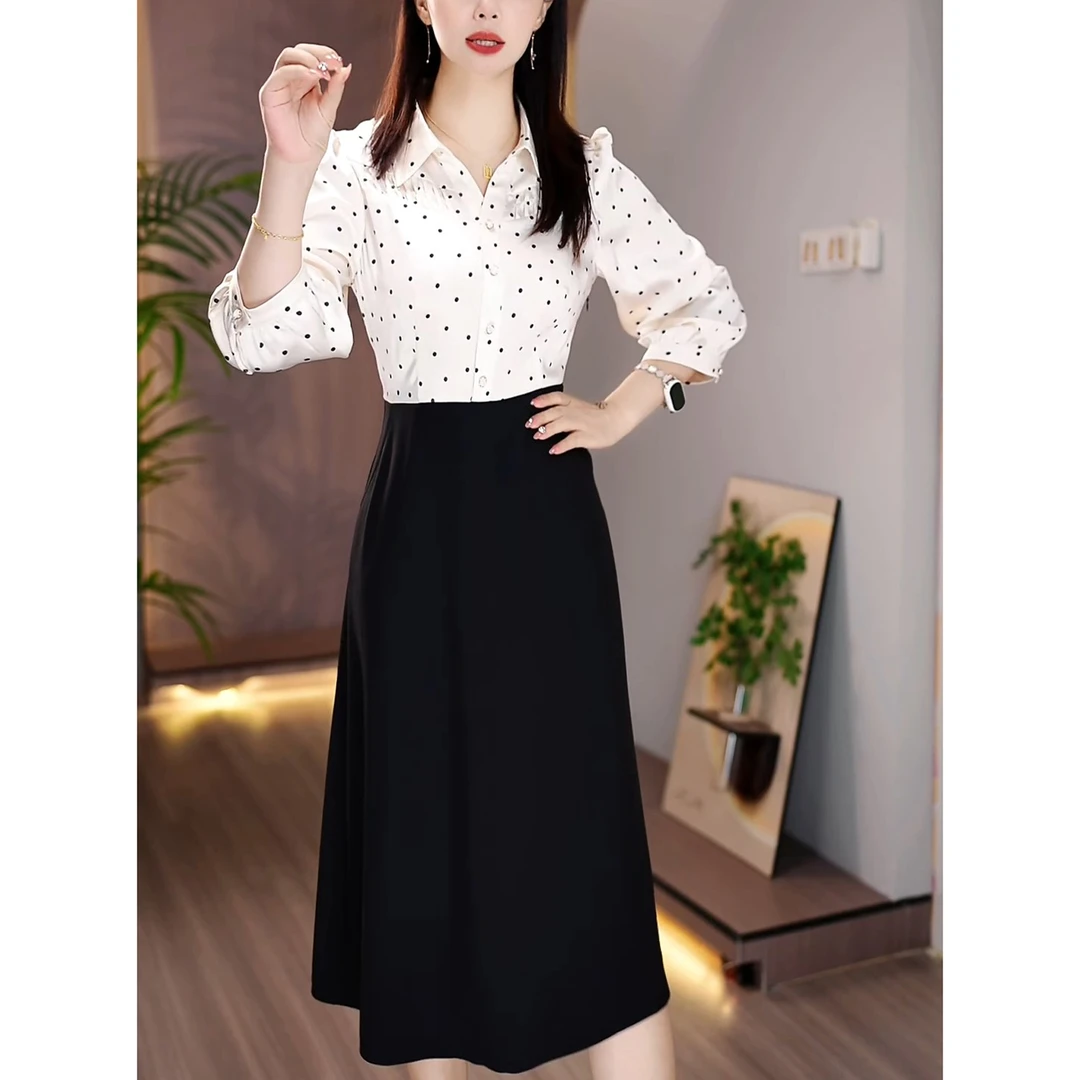 法式波点压褶拼接假两件裙2025秋新款polo领时尚优雅七分袖连衣裙