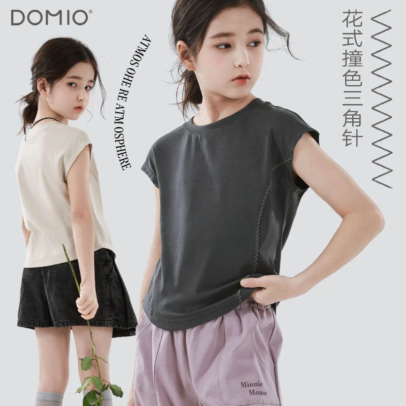 女童短袖T恤2025夏季新款儿童无袖背心上衣中大童女孩洋气打底衫