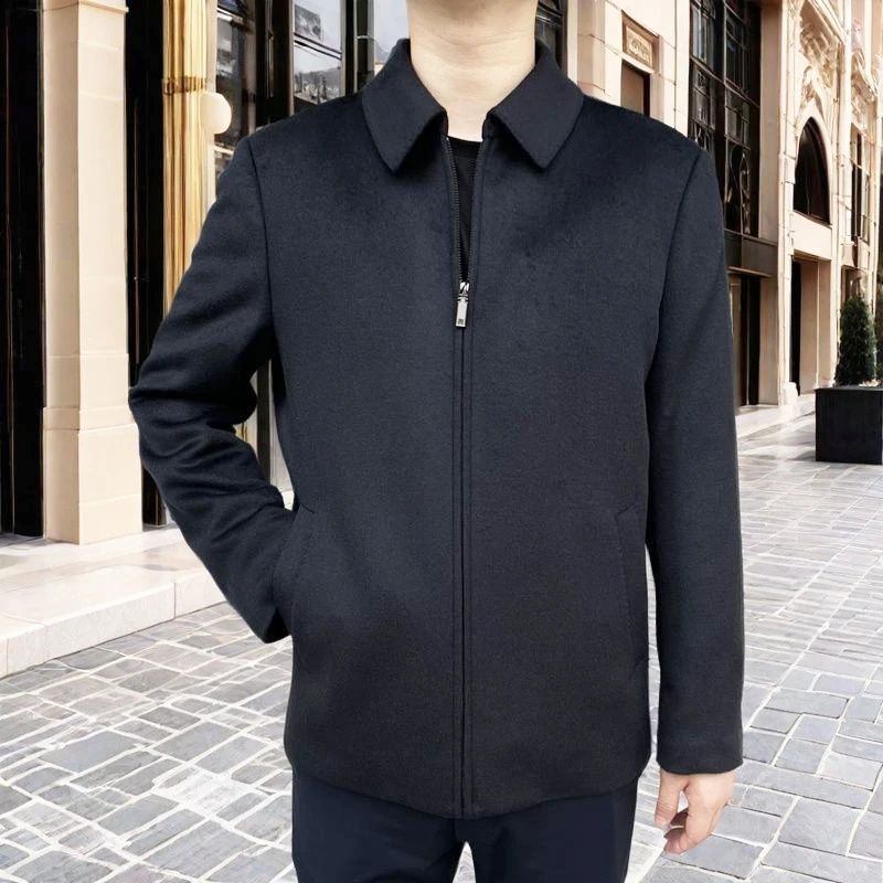 6673 绵羊毛+山羊绒+桑蚕丝 秋冬厚款男士翻领羊毛夹克衫鹅绒内胆