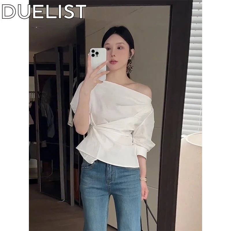DUELIST韩系不规则斜肩白色中袖衬衫女显瘦褶皱衬衣露肩气质上衣