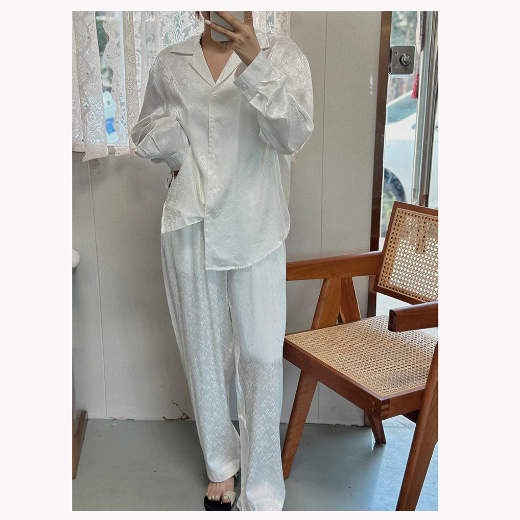 ZR060夏季新款翻领长袖女士松紧腰直筒休闲长裤套装