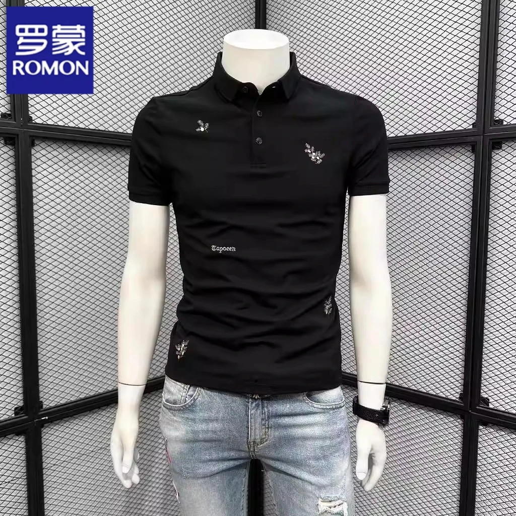 罗蒙翻领刺绣POLO衫青年修身高端设计感有领短袖体恤男装夏季潮男