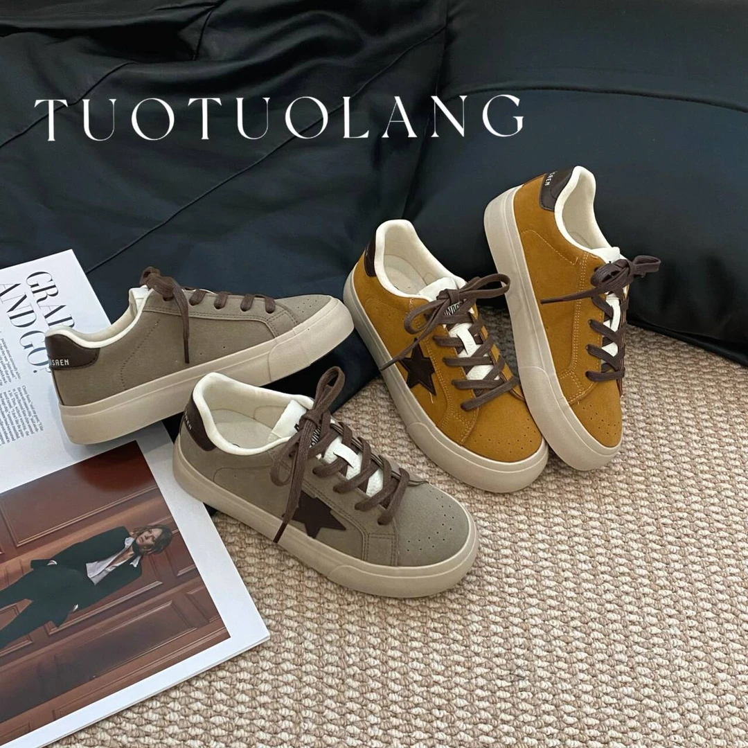 2025春季新款复古星星厚底板鞋时尚时尚百搭低帮韩版系带休闲鞋女