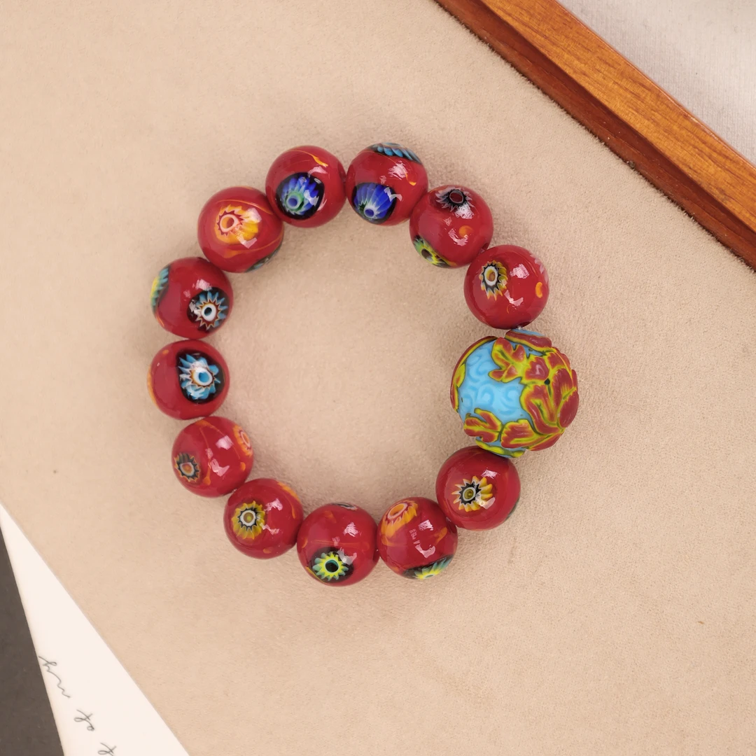 合金手链 LZ2625 红蓝雕刻珠红色凤眼琉璃手链 雕刻图案随机