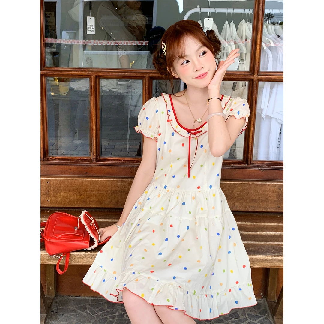 sinsingirl 彩虹糖豆 波点短袖可爱连衣裙 碎花公主夏季甜美