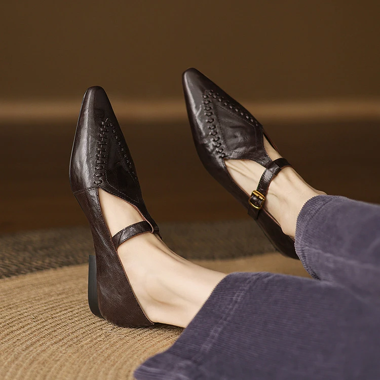 真皮编织丁字扣玛丽珍单鞋女春夏英伦复古时尚T带平底尖头小皮鞋