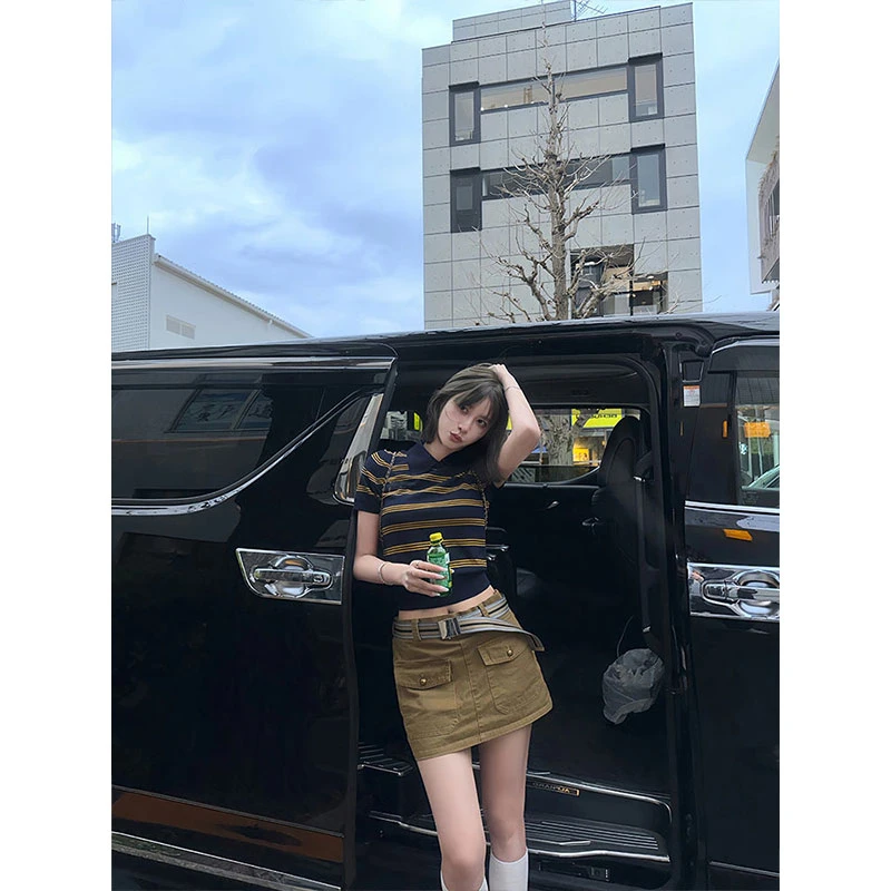 韩系藏蓝条纹polo领针织短袖T恤女夏季小个子独特超好看单穿上衣