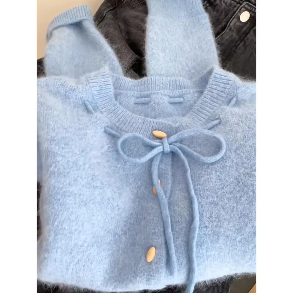 自留款推荐~蓝色系带圆领假两件毛衣开衫女冬季款温柔风减龄外套