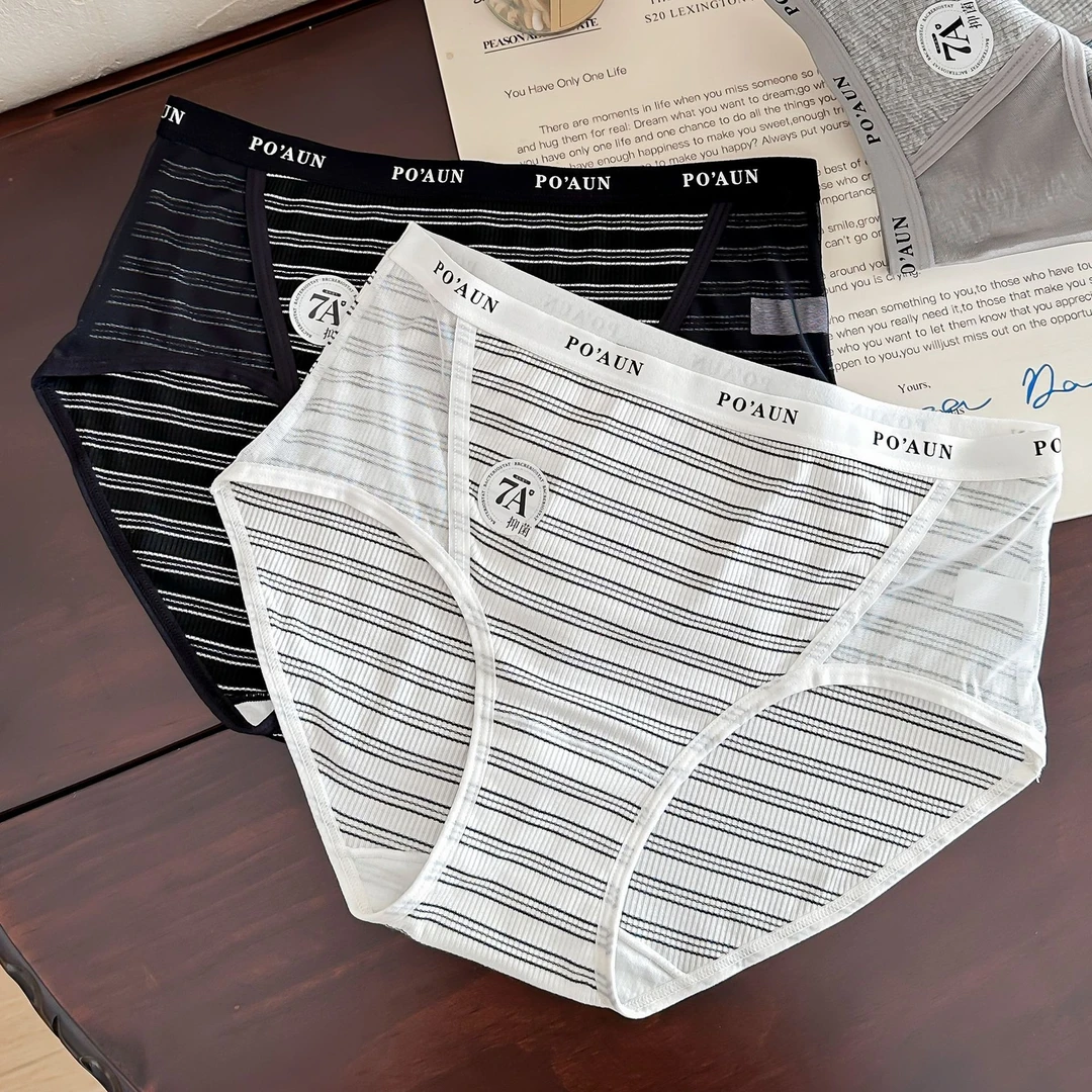 麋鹿闺蜜7A抑菌网纱拼接内裤女条纹运动风纯棉透气中腰三角裤头