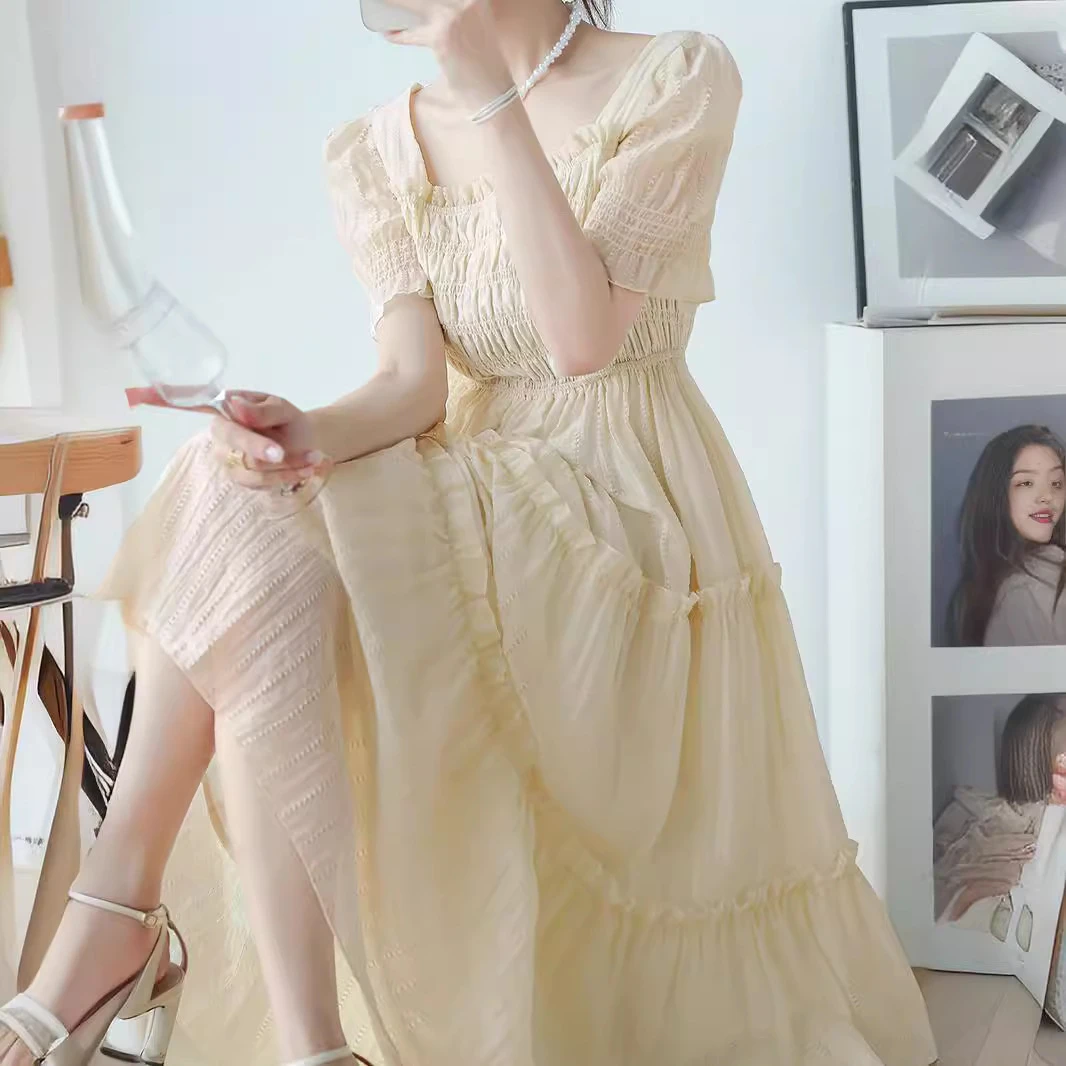 胖mm法式夏季方领天丝肌理感连衣裙女韩版收腰显瘦泡泡袖大码长裙