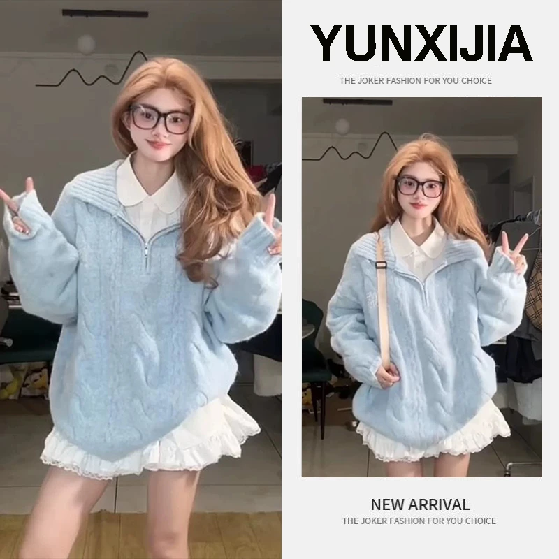 韩系学院风慵懒翻领绞花毛衣女装秋冬新款宽松百搭套头针织衫上衣