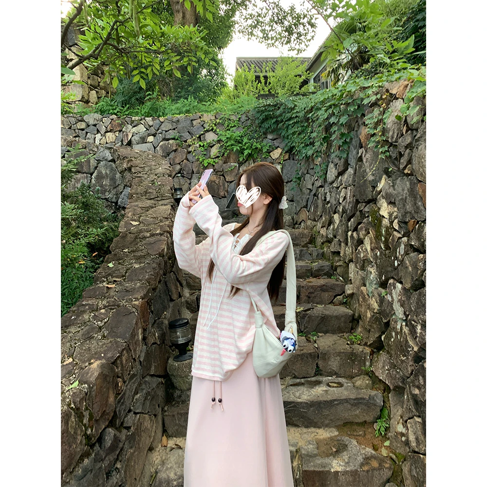 【反转美学】双面穿条纹宽松打底衫长袖T恤防晒+抽绳休闲半裙