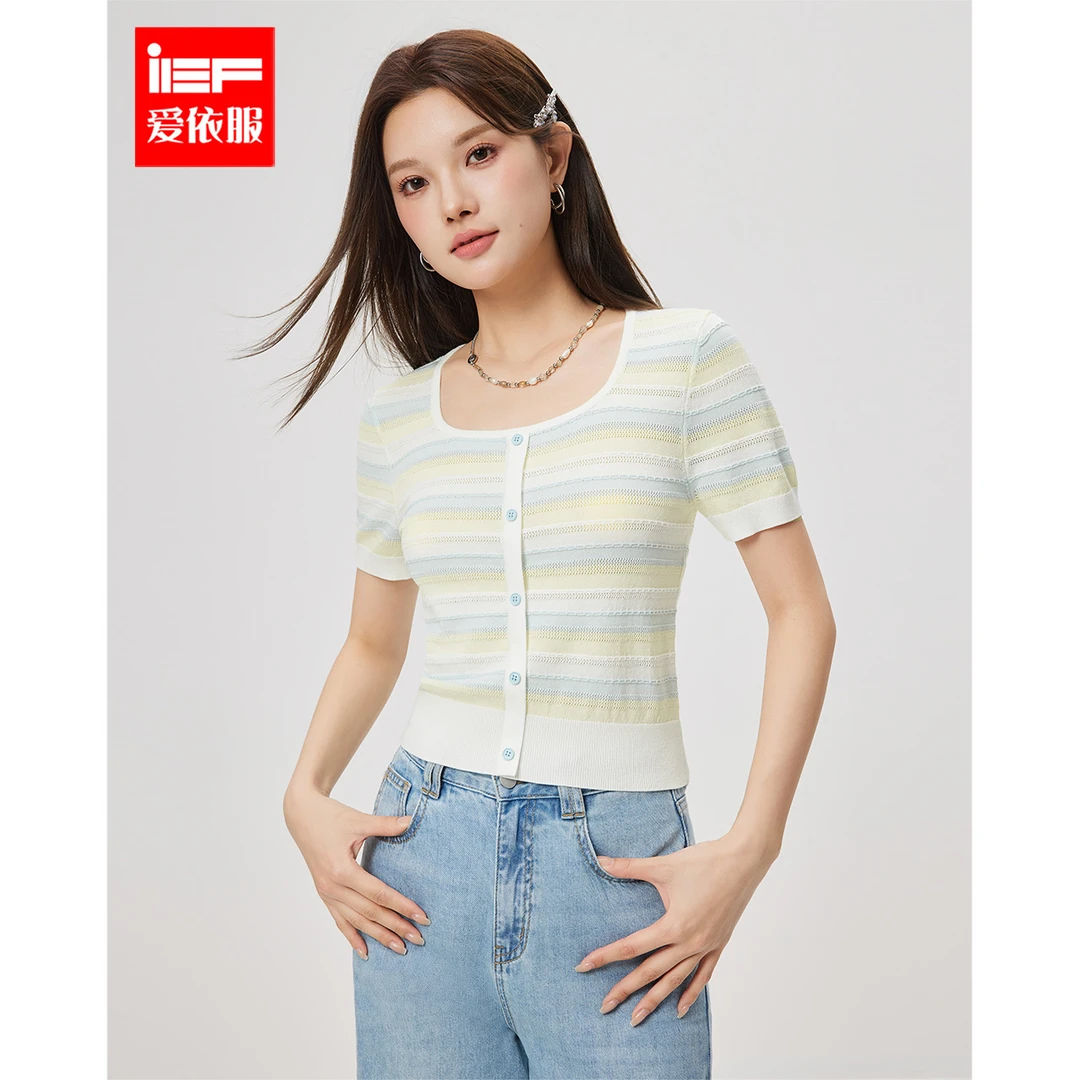 IEF/爱依服2025夏方领针织上衣女小清新条纹短袖修身薄款上衣