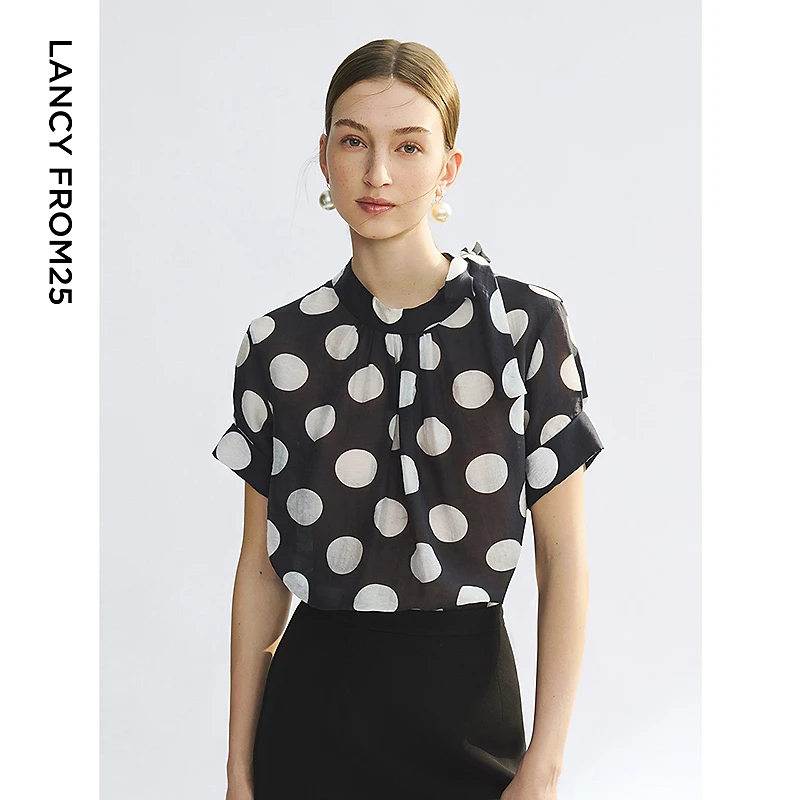 【达人】朗姿2025年夏新款黑色波点气质高级感法式衬衫设计感