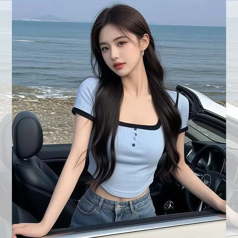 欧若风小个子辣妹穿搭撞色短袖t恤女夏季新款设计感短款ins潮上衣