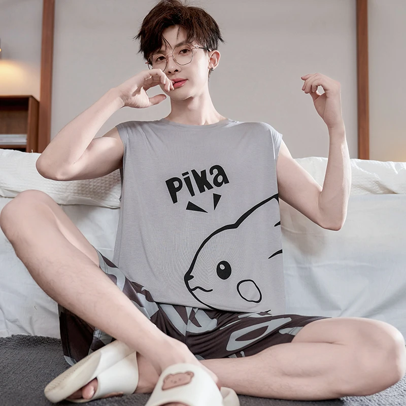 男士睡衣莫代尔夏季无袖宽松大码背心套装青少年可外穿薄款家居服