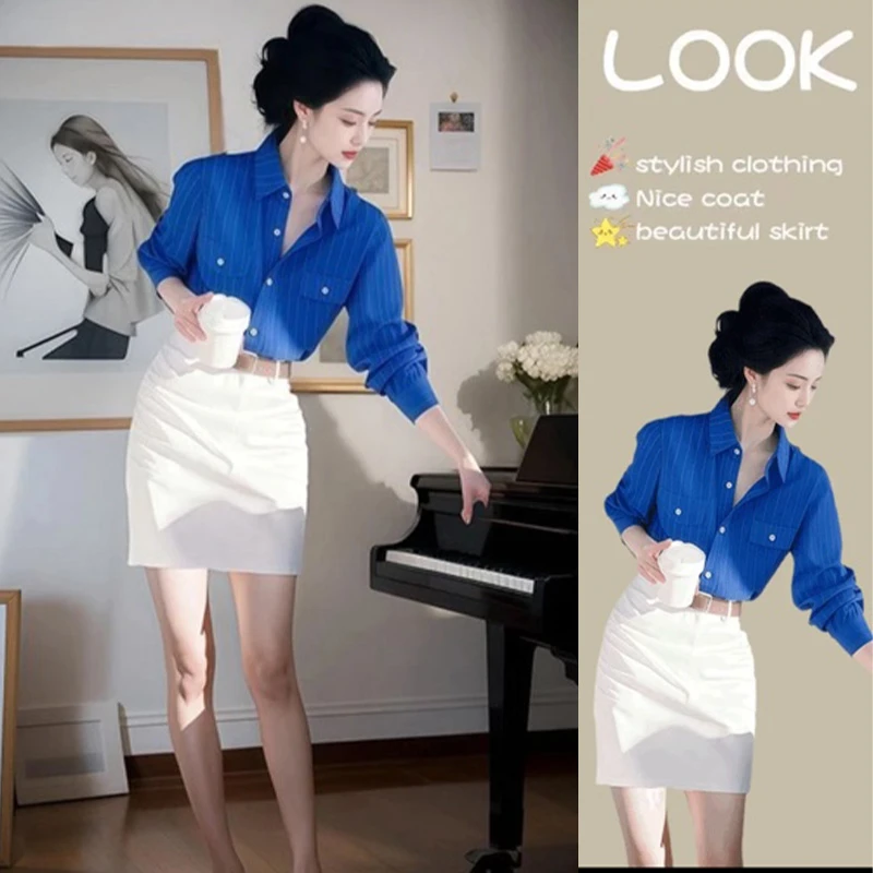 设计感百搭克莱因蓝长袖衬衫女2025春秋新款新颖别致流行气质上衣