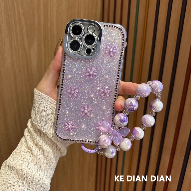 镜头膜奢华紫花高级手机壳适用苹果15promax钻边vivo华为小米oppo