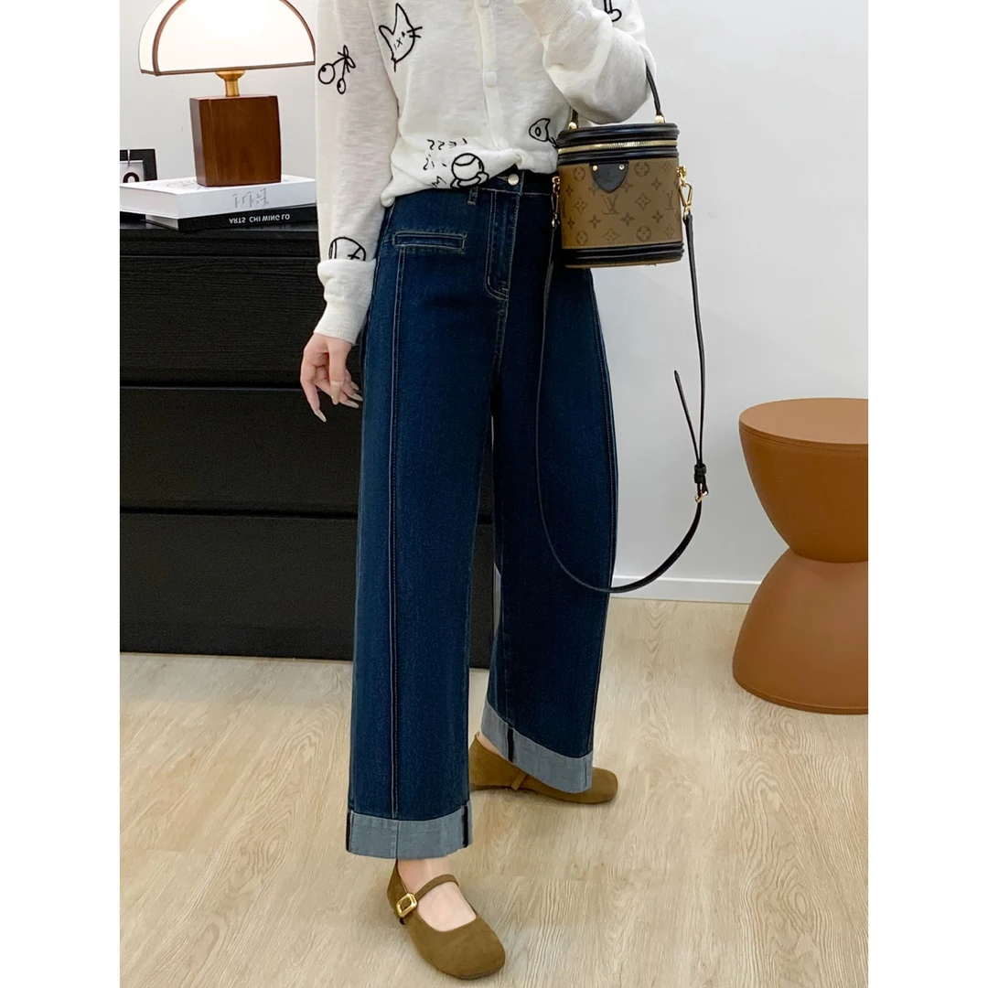 秋季新款复古折边九分直筒裤女大码梨形身材高腰弹力显瘦阔腿裤