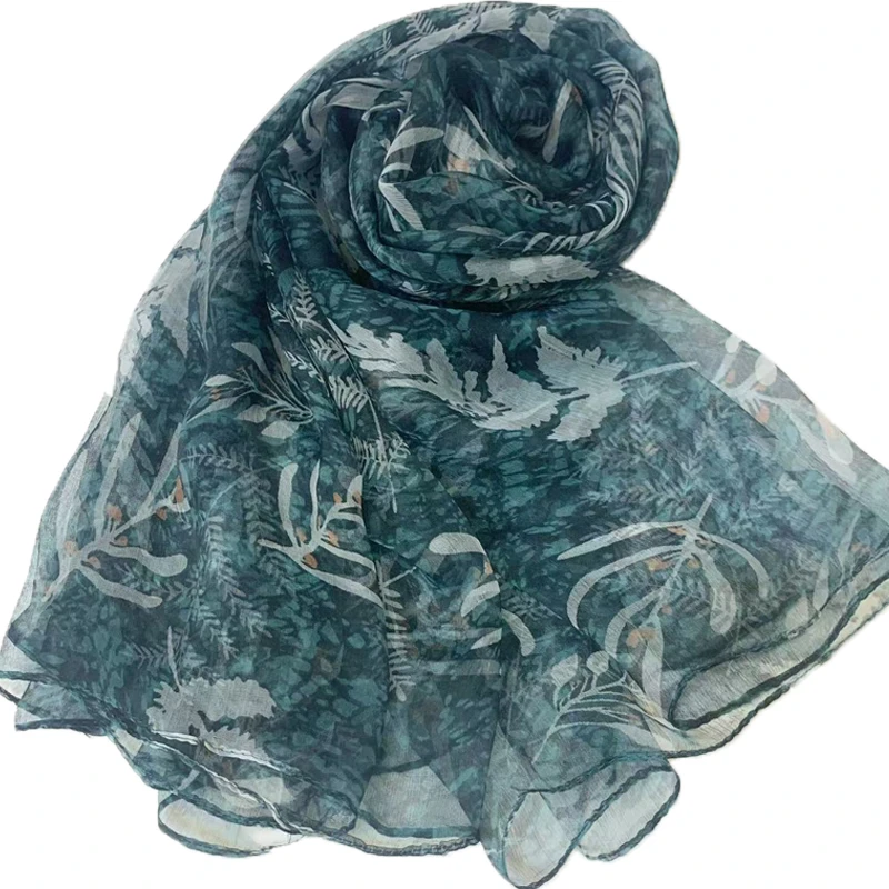 【树叶花】杭州桑蚕丝薄款丝巾时尚女士绿色百搭优雅围巾防晒披肩