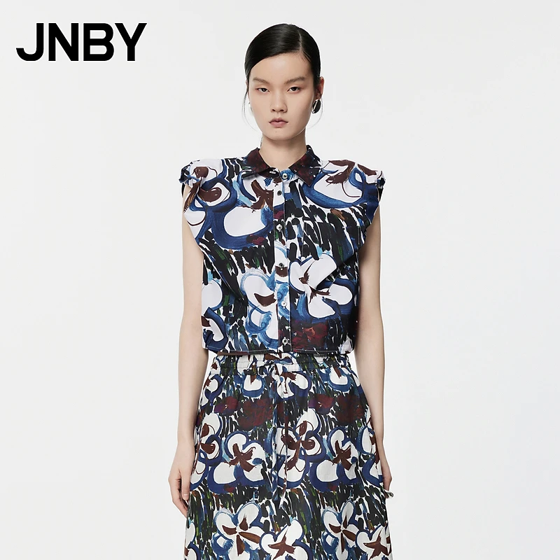 JNBY/江南布衣夏季女装衬衫女褶皱梅花宽松无袖衬衣时髦休闲衬衣