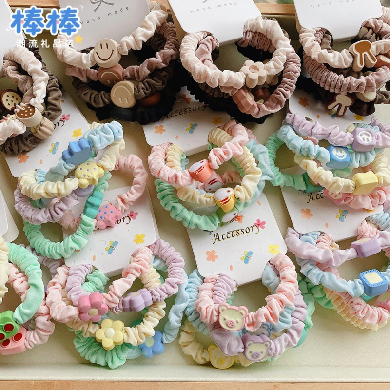 5条装马卡龙彩色奶茶发圈可爱花朵小兔子头绳冰丝扎头发皮筋