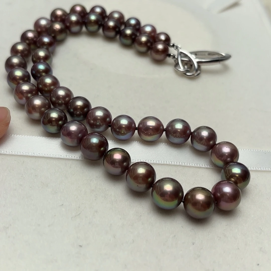 淡水珍珠银S925镶嵌颈饰8-10正圆紫绿