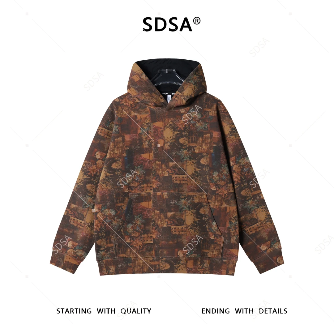 SDSA男士秋冬新款痞帅男装时尚潮牌撞色植物花卉连帽卫衣百搭宽松