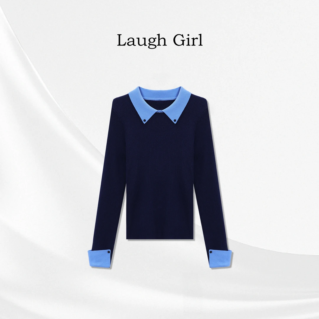 楚楚君 Laugh girl【精致个性】翻领设计拼色显瘦针织上衣XL55091J