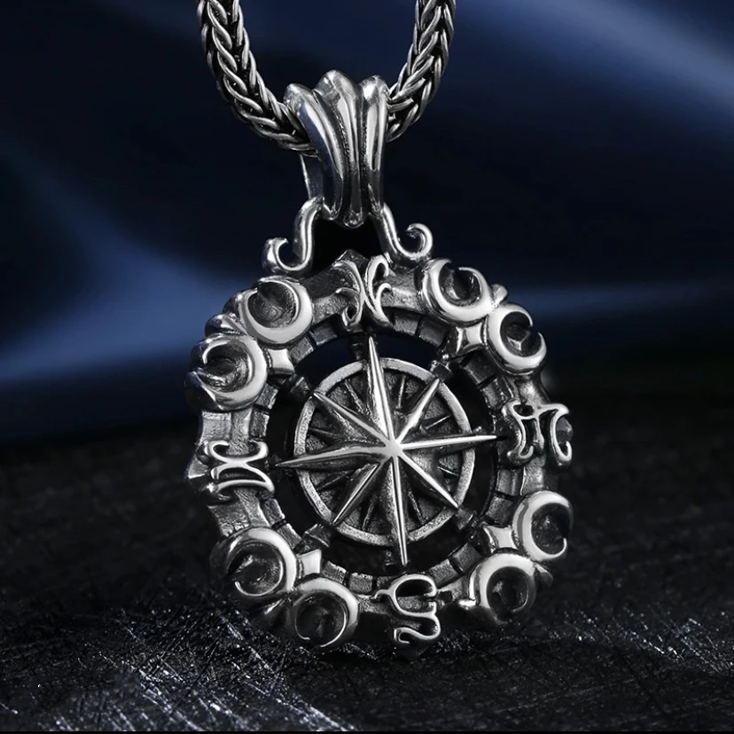 吊坠925银 星海罗盘船锚吊坠复古星芒潮流时尚做旧个性