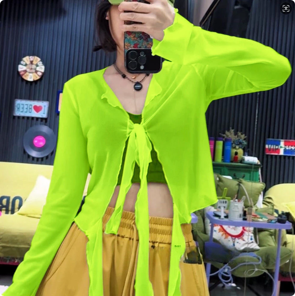 网红同款曳步舞网纱薄款上衣女系带腰搭跳广场舞网红洋气炸街女装