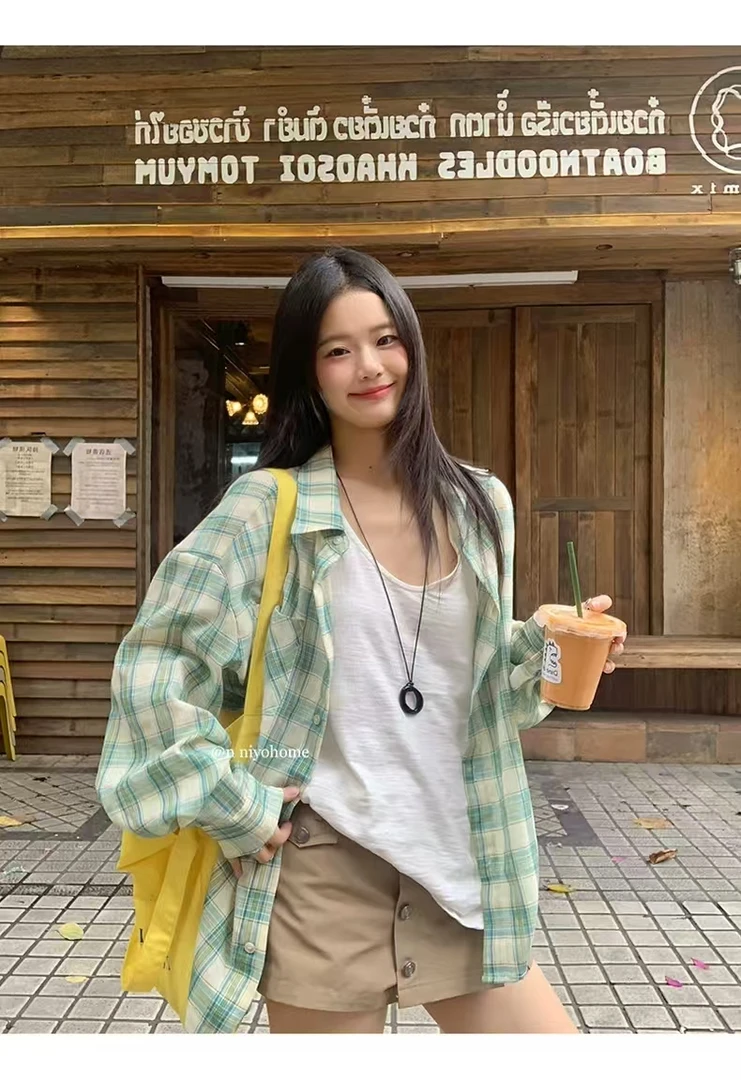 日系少女风绿色格子防晒衬衫女春季新款高级感显白外套