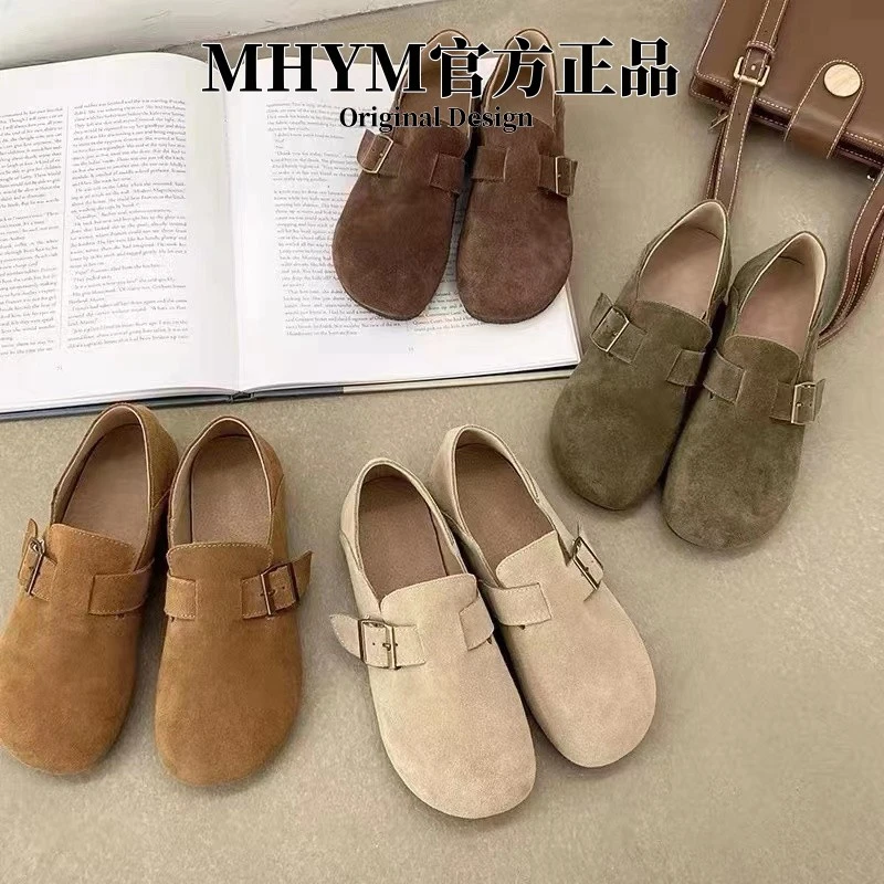 磨砂软皮勃肯鞋2025春秋新款森系平底复古单鞋一脚蹬圆头豆豆鞋女