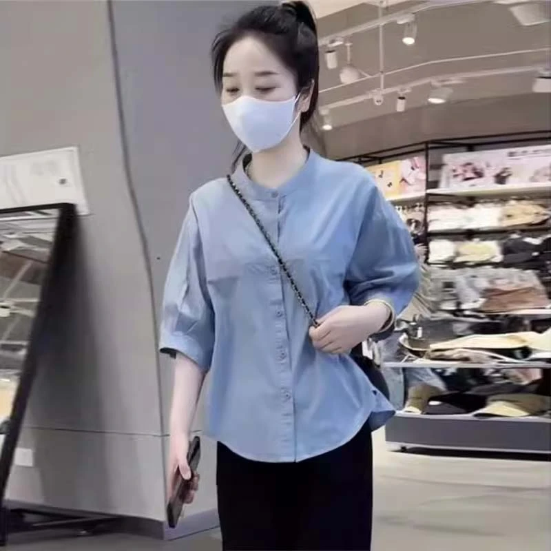 简约休闲中袖衬衫女2025夏季爆款洋气减龄宽松显瘦百搭翻领上衣服