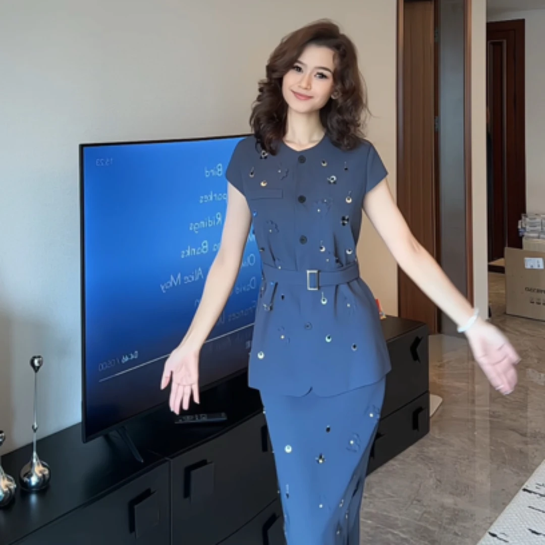 蓝灰色重工手工亮片两件套套装（达）