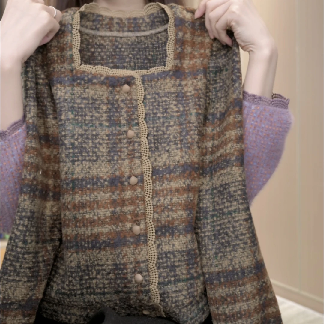 【大脸哈】时尚蕾丝拼接方领长袖上衣女2025秋冬新款显瘦百搭小外套