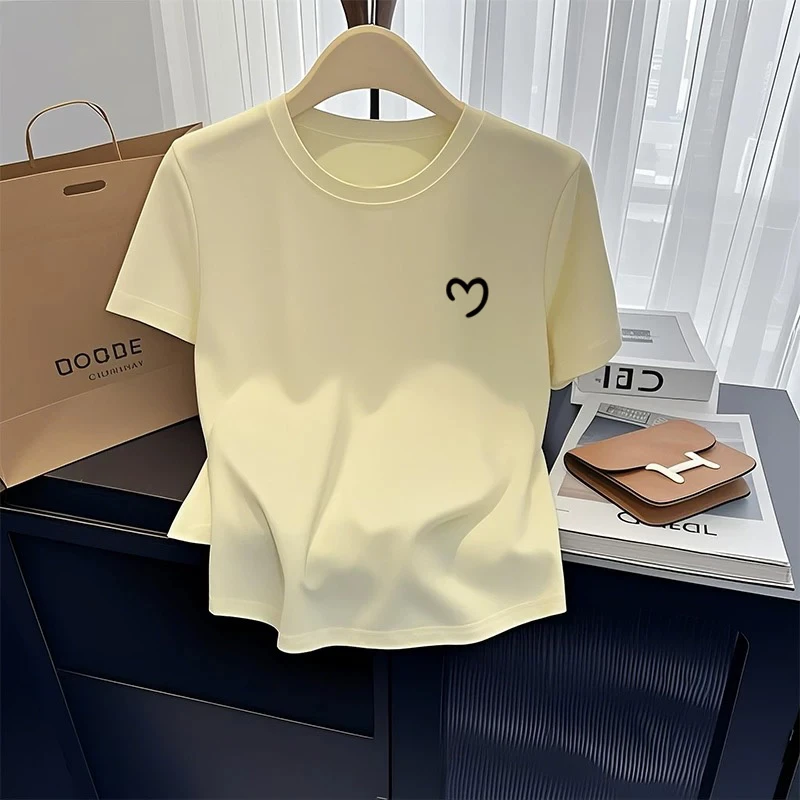 小众设计感正肩简约短袖t恤女2025新款时尚百搭洋气杏色上衣夏季